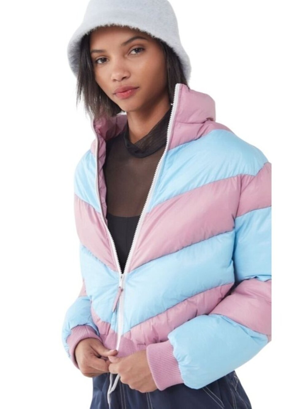Urban Outfitters Puffer Jacket Women's L/G Colorblock Pink Blue Cropped Chevron